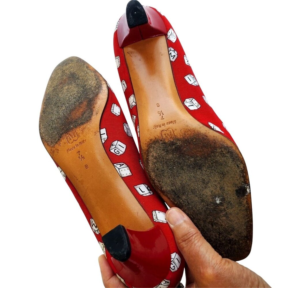 Bruno Magli 80s Vintage Red Heels 7.5 Novelty Dice Leather Canvas Rare Italy - Picture 5 of 14